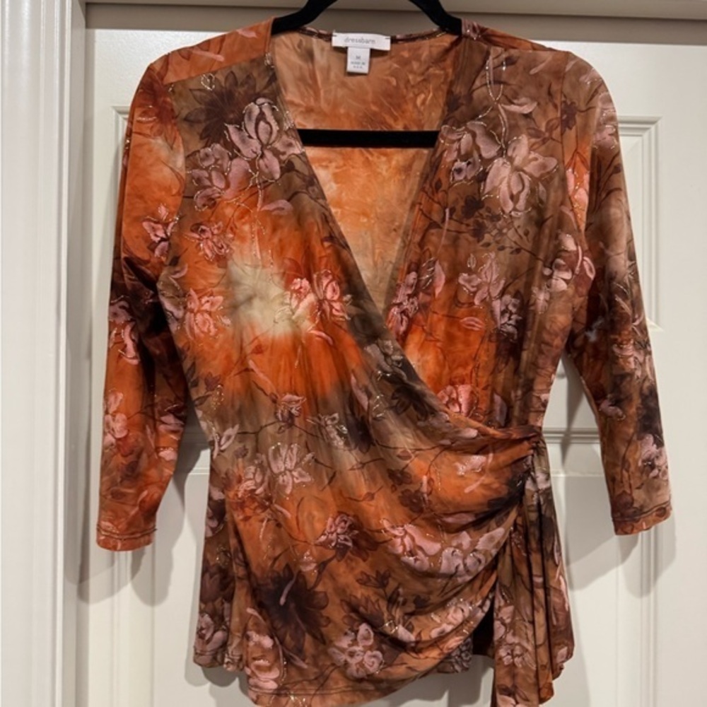 Dressbarn Orange and Brown Wrap Blouse Fitted Style